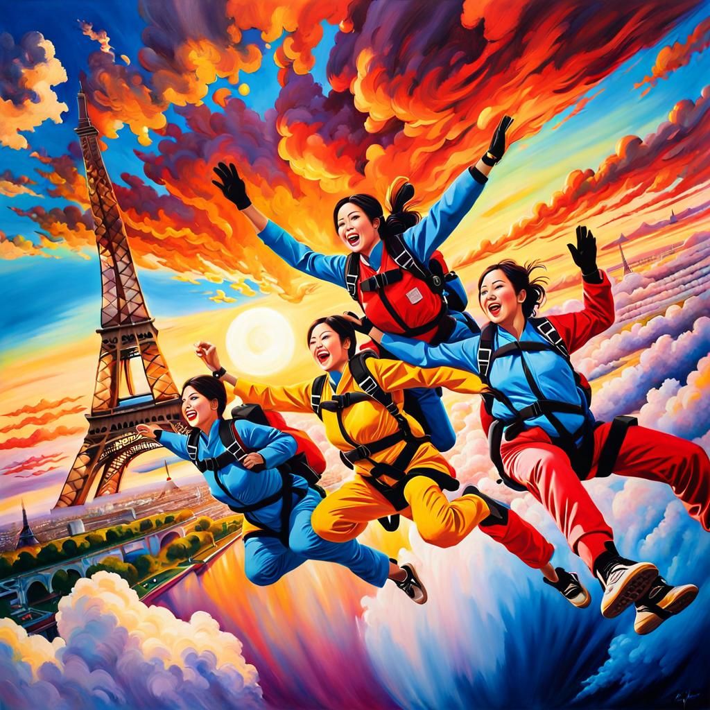 Japanese Women Skydiving Over Paris: Hyper-Realistic Splash ...