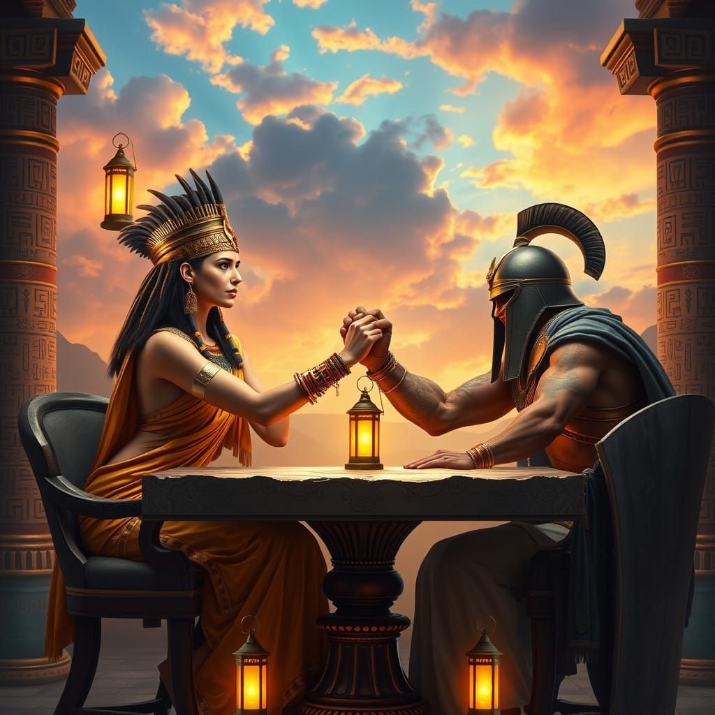 Cleopatra playing arm wrestling and winning