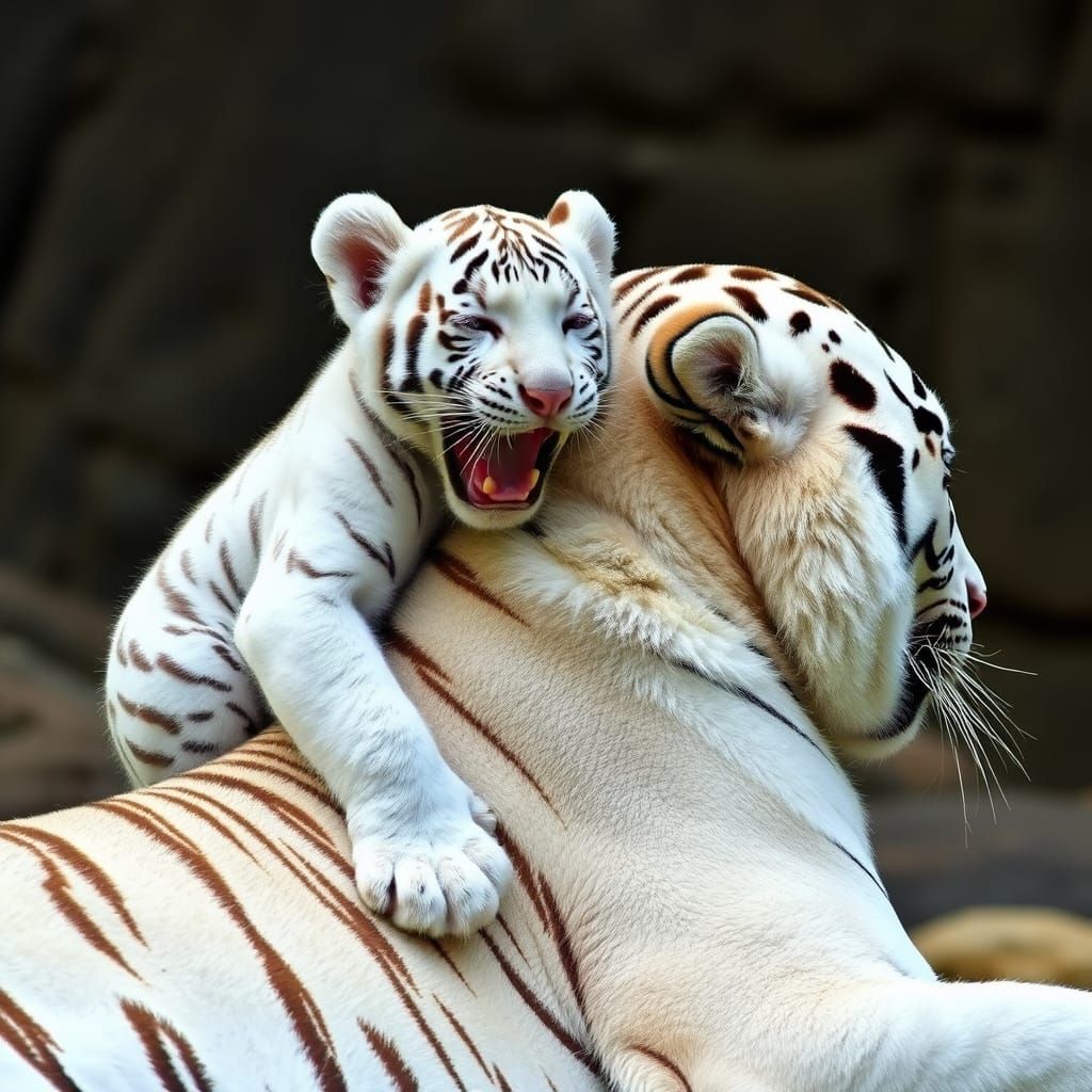 Tender Moment Between White Tiger Cub and Adult in Serene Na...