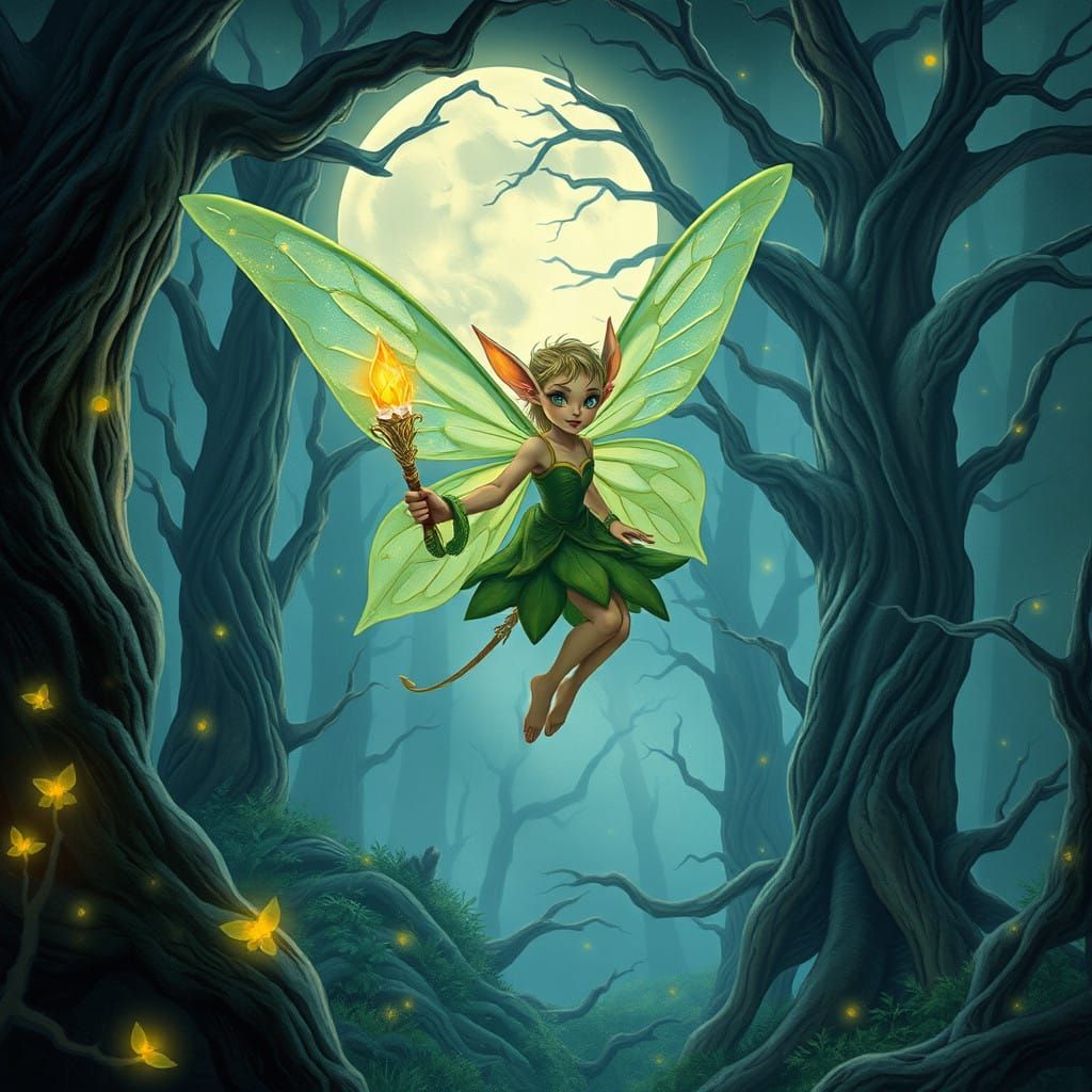 Ethereal Fairy Hybrid Soars through Moonlit Forest