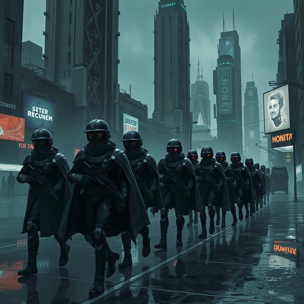 Futuristic Soldiers March Through Dystopian Cityscape