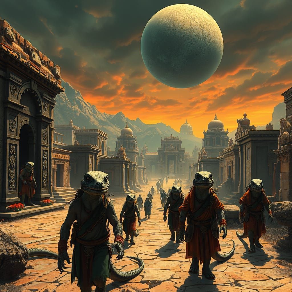 Lizard People Roam Ancient City Under Asteroid Sky