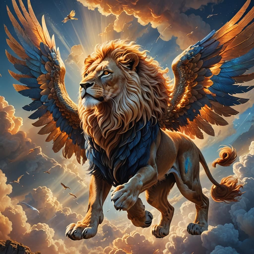 Lion Soaring Through Sky in Fantasy Art