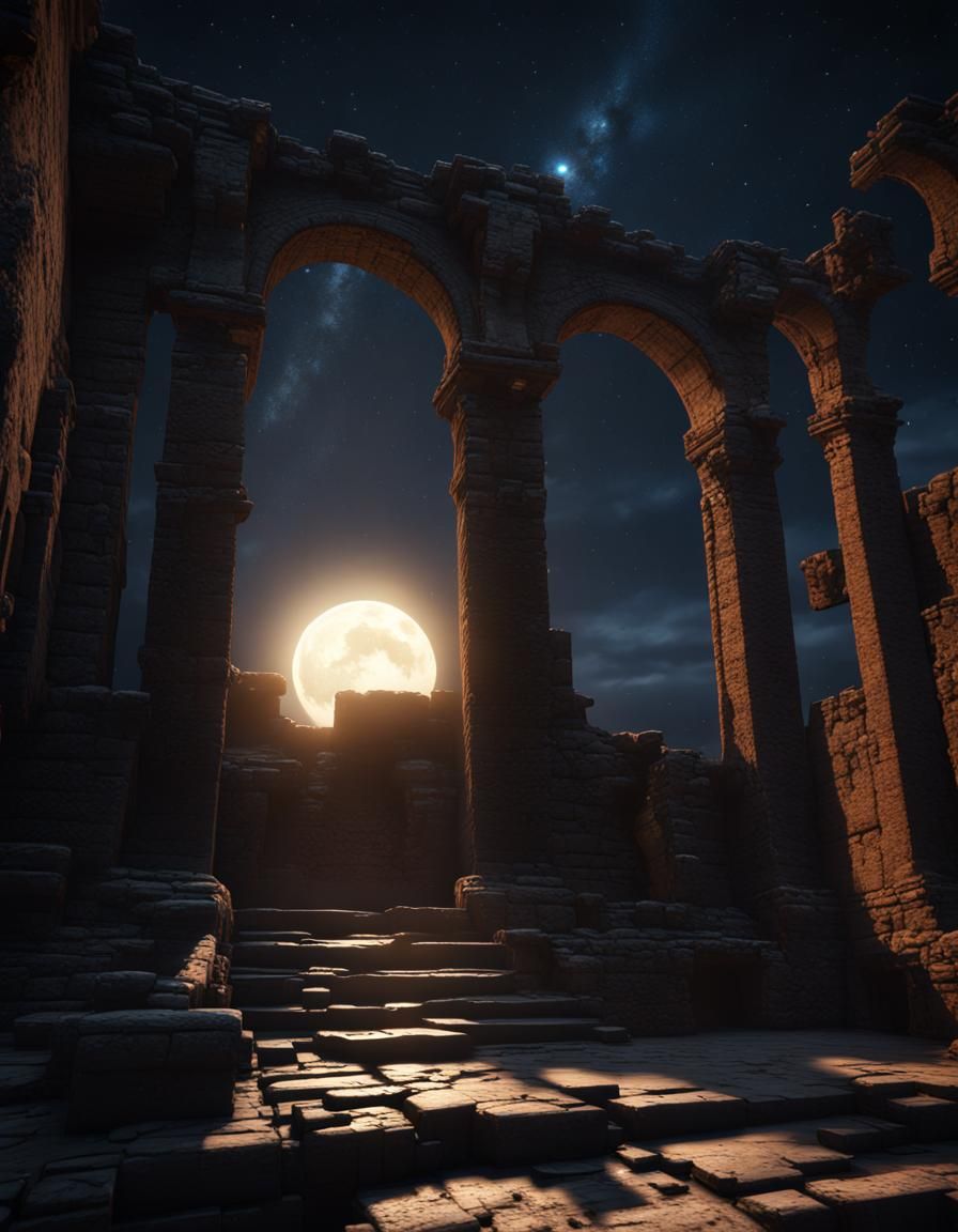 Starry Night Over Old Ruin in 3D Style