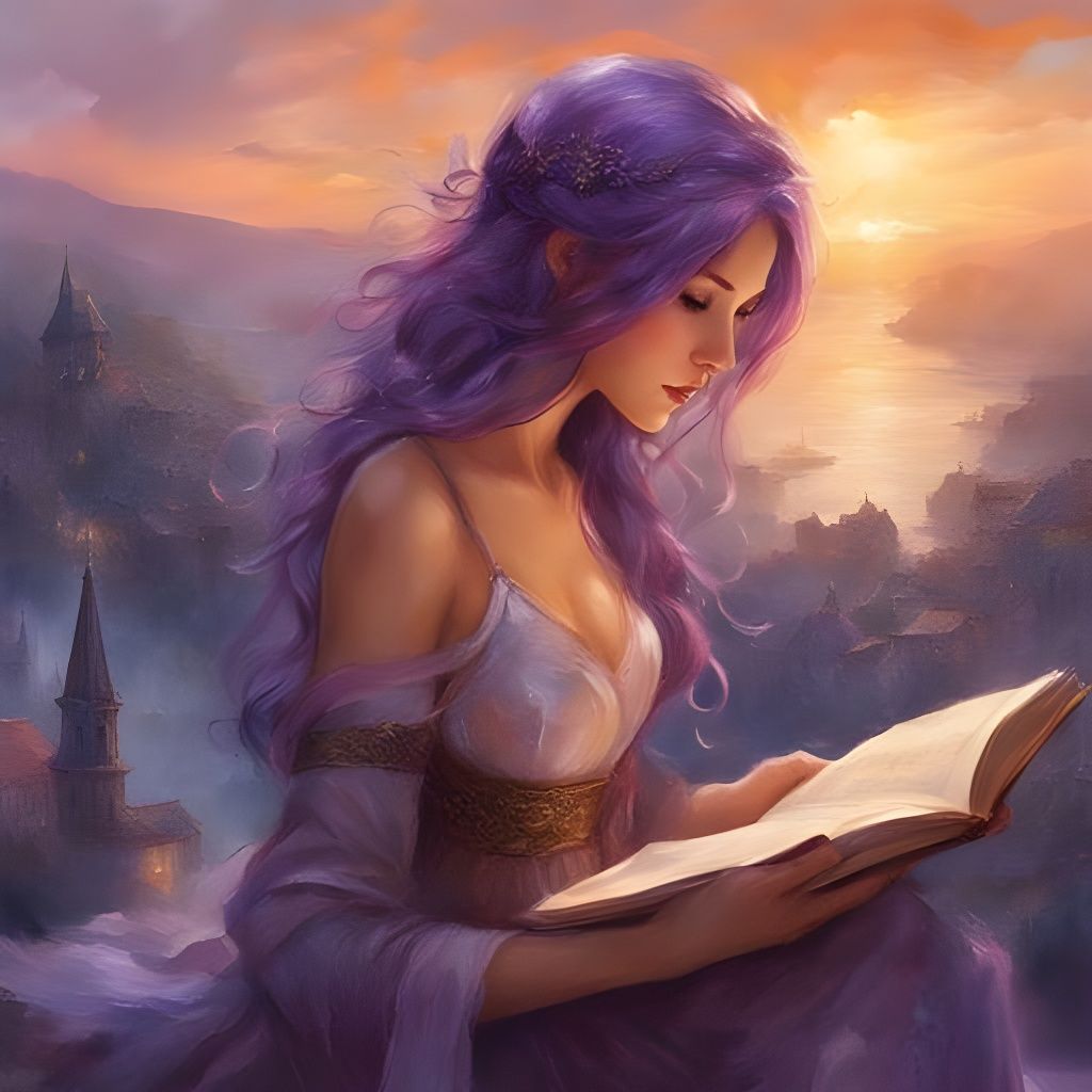 Purple-Haired Girl Reading: Splash Art Portrait
