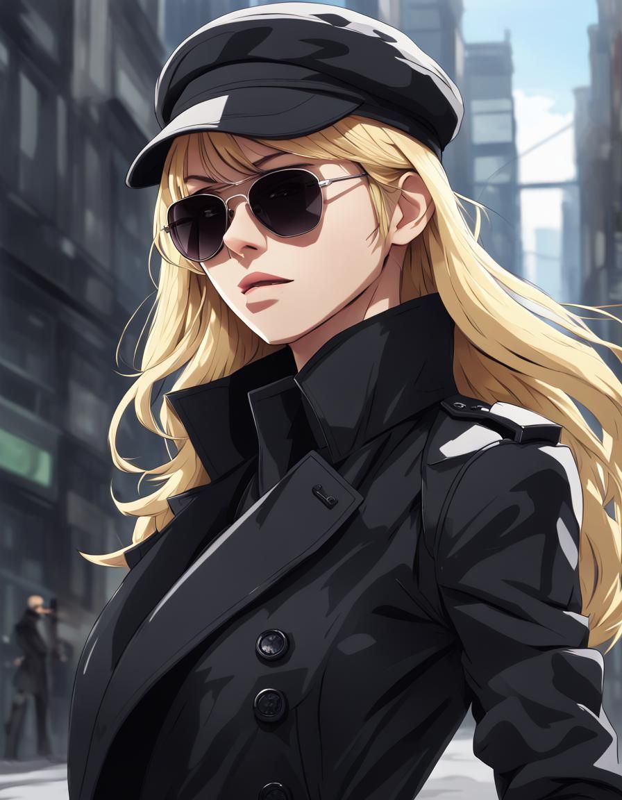 Anime Spy Girl in Black Trench Coat