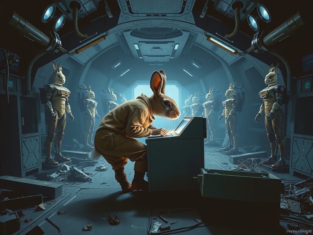 Cybernetic Rabbit Evades Androids in Abandoned Space Station