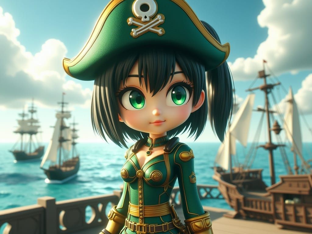 Anime Modern female Chibi Pirate, green and gold. On Pirate ...