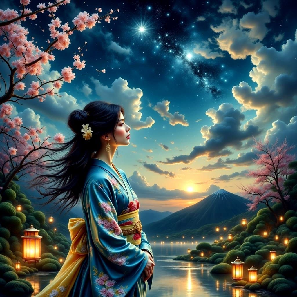Ethereal Woman Contemplates Celestial Beauty in a Japanese G...