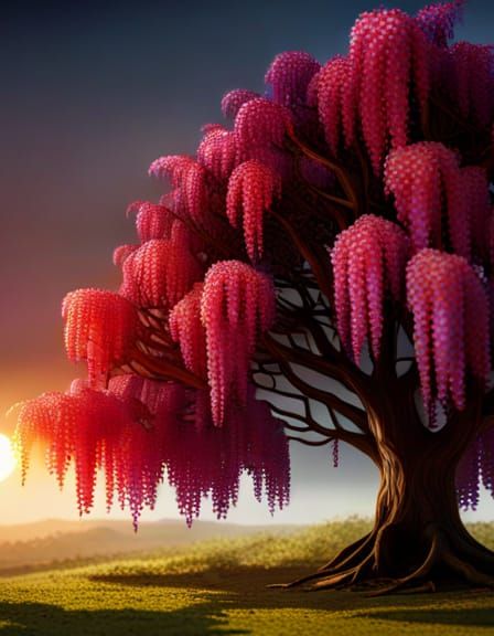 Detailed Red Wisteria Tree at Evening, Matte Painting
