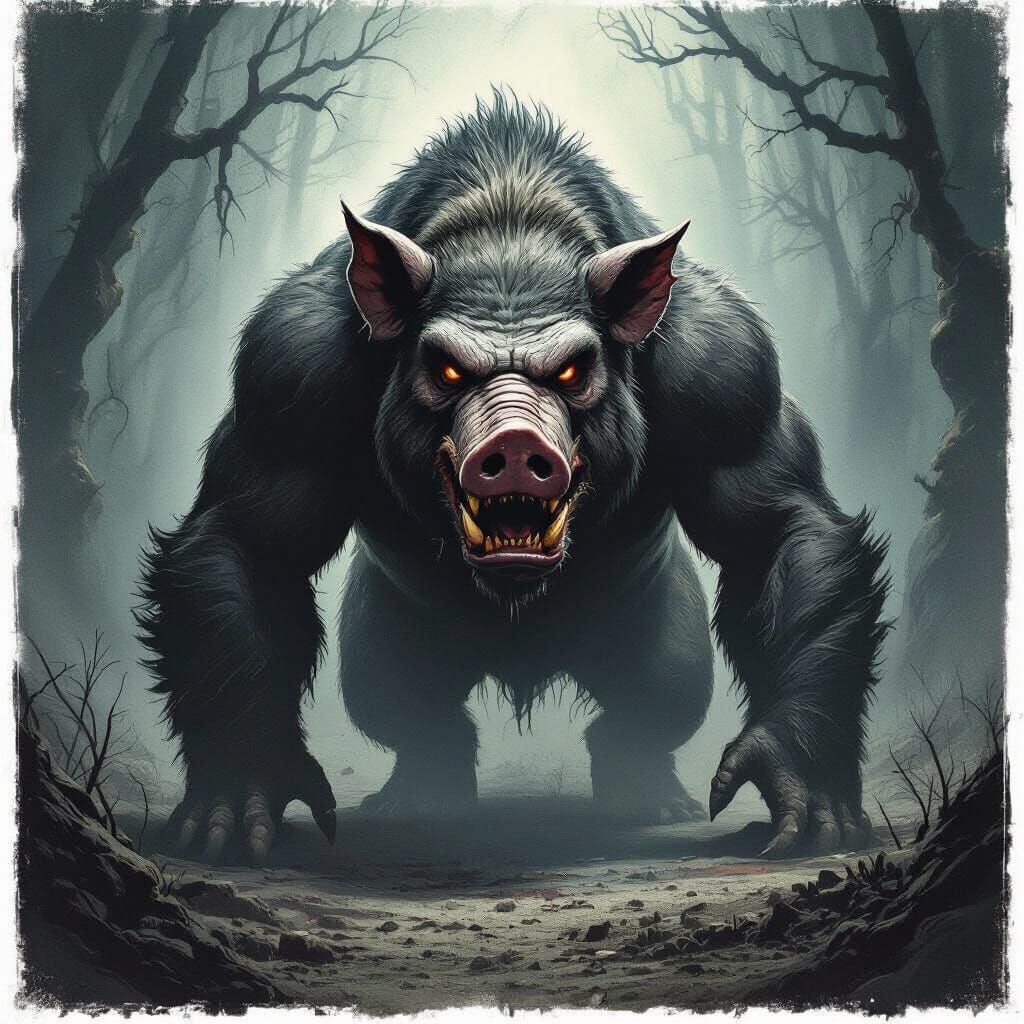 Terrifying Pig-Gorilla Hybrid in Dark Etching Style