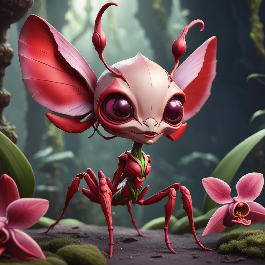 Chibi Orchid Praying Mantis: Detailed Digital Art