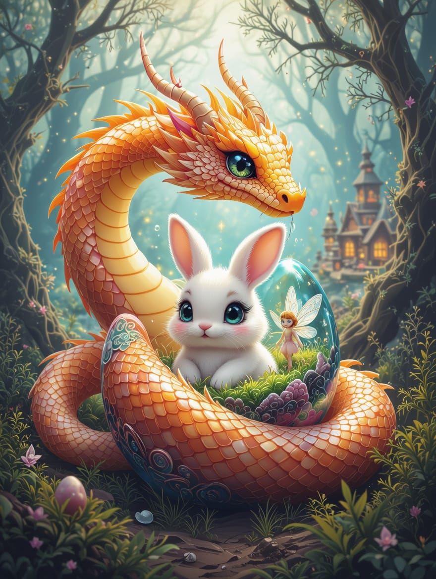 Dragon and Bunny in Whimsical Fractal Woods
