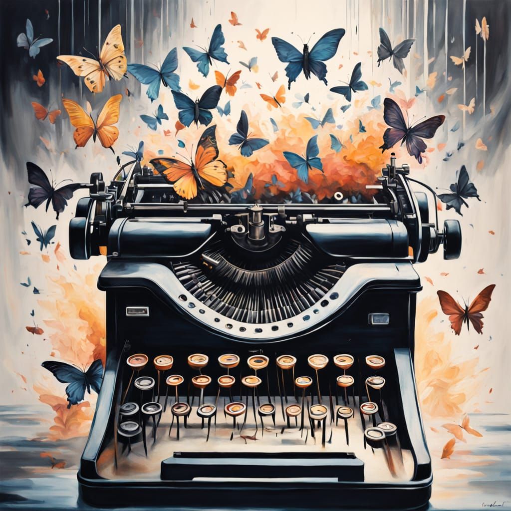Surreal Typewriter Becomes Butterflies in Vibrant Vortex