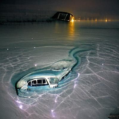 Vintage Car Sinking in Frozen Lake at Night