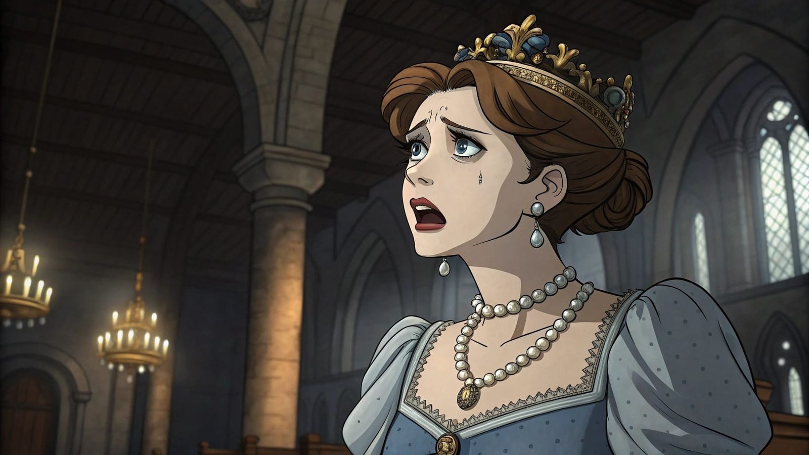 Distraught Queen in Faded Gothic Chapel