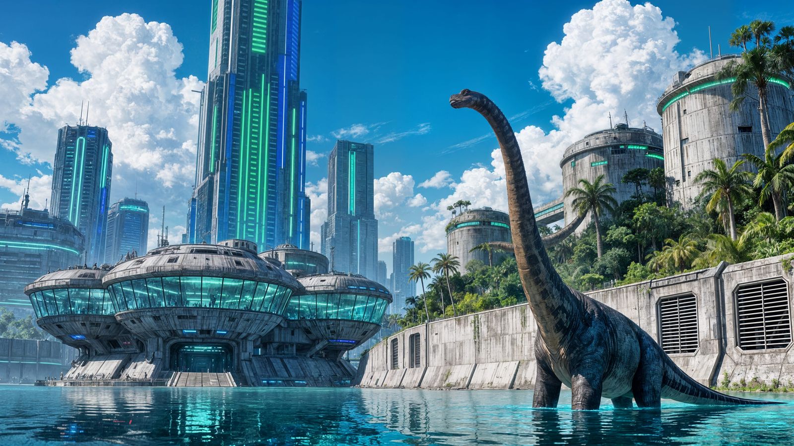 Futuristic Cyberpunk Cityscape with Dinosaur and Jungle