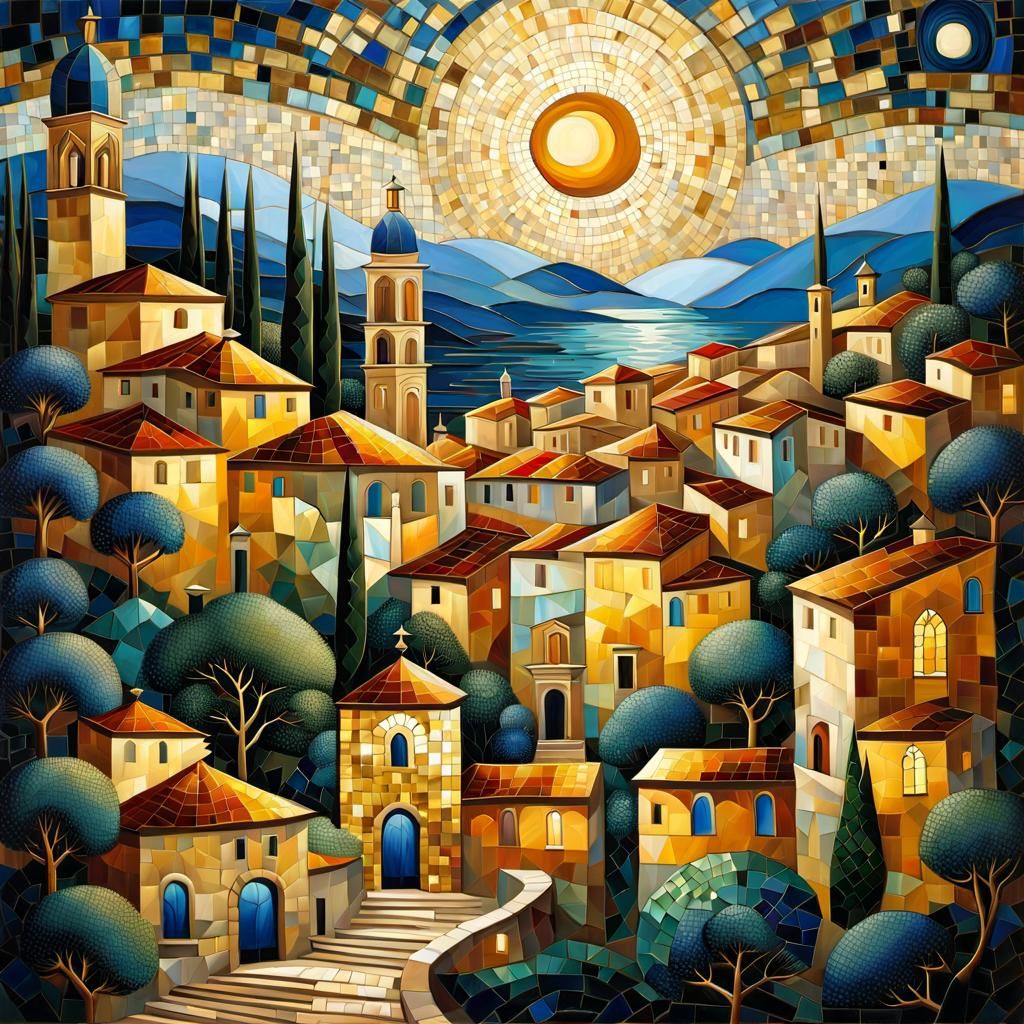 Italian Town at Night in Cubist Mosaic Style