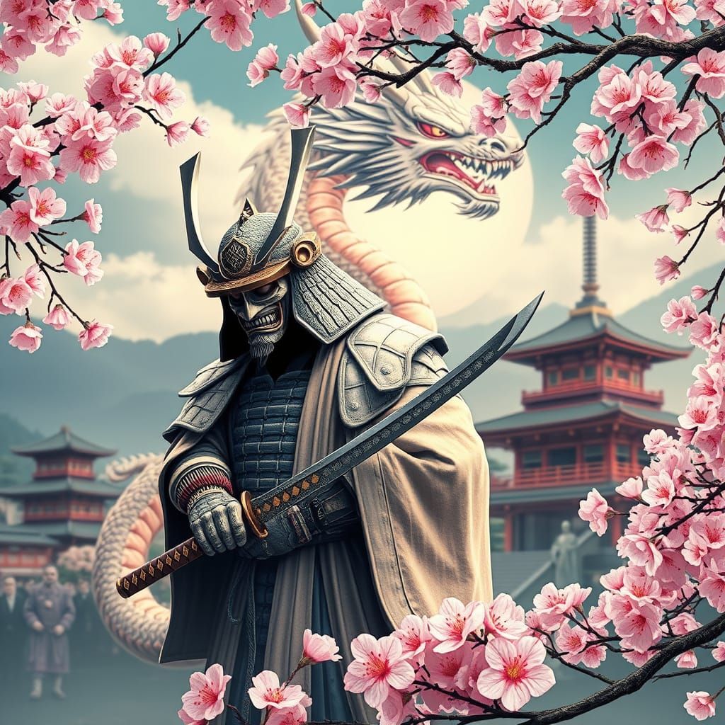 Japanese Dragon and Samurai in Cherry Blossom Paradise