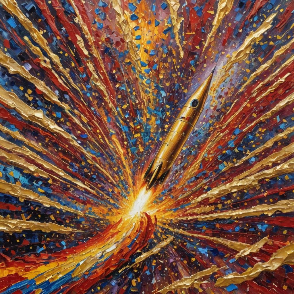 Rocket Ascends in Swirling Gold, Neo-Impressionist Style