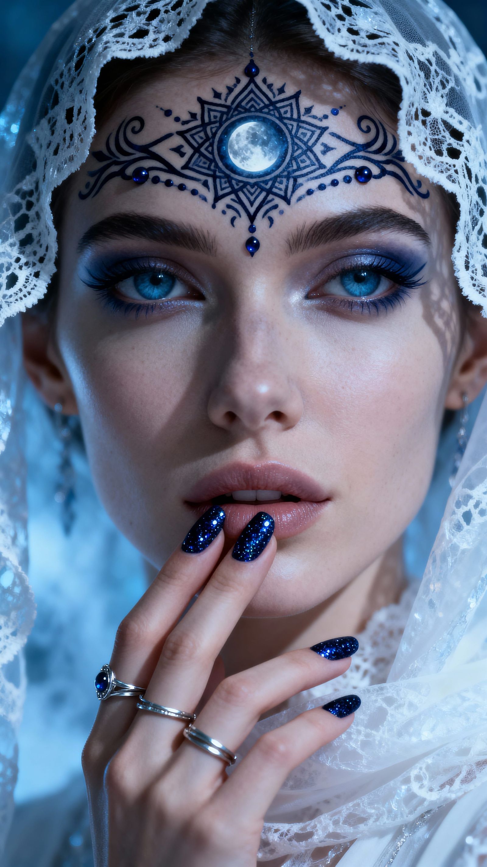 Enchanting Woman Portrait with Sapphire Eyes & Lace Veil