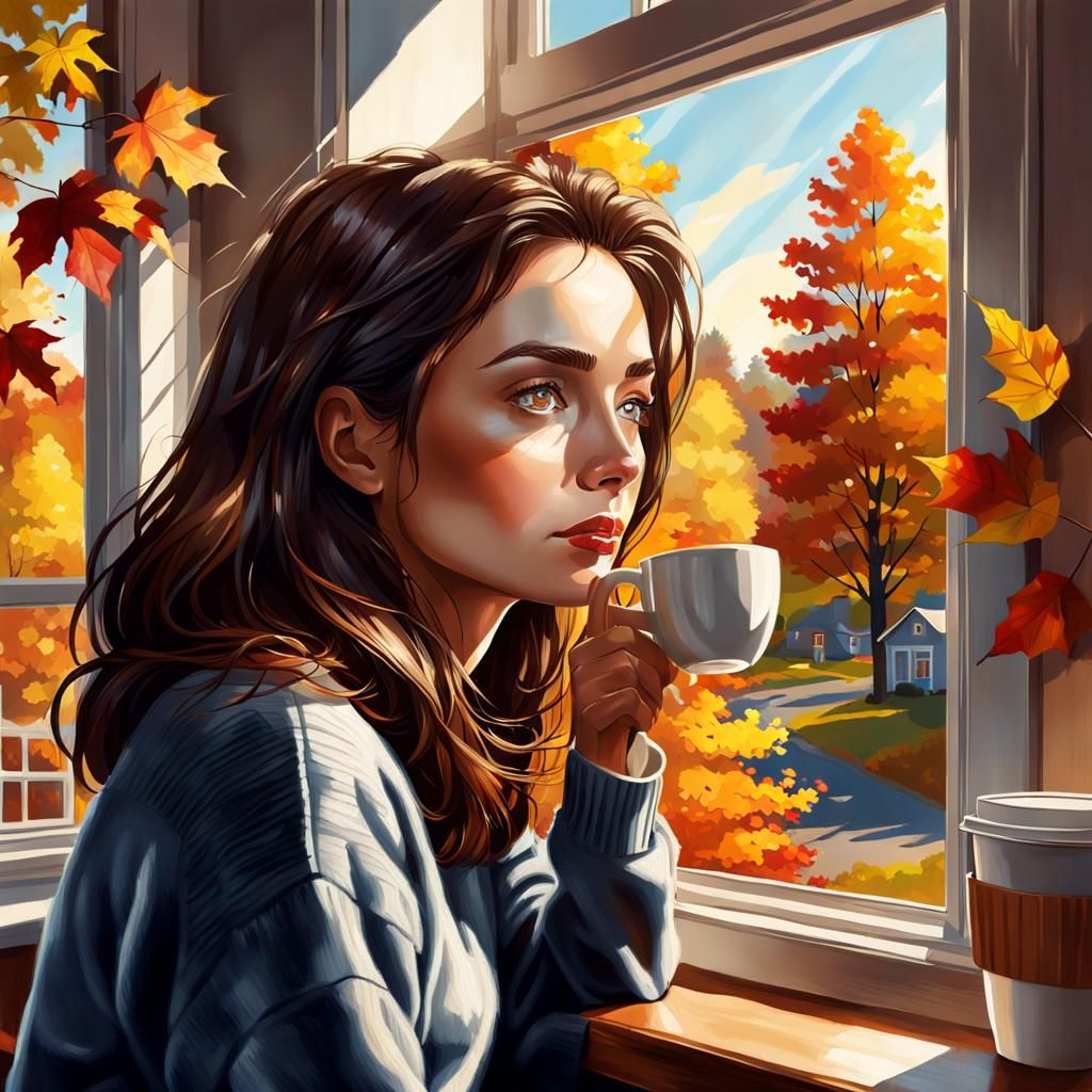 Brunette Lady's Autumn Window View: Hyperrealistic Mid Shot