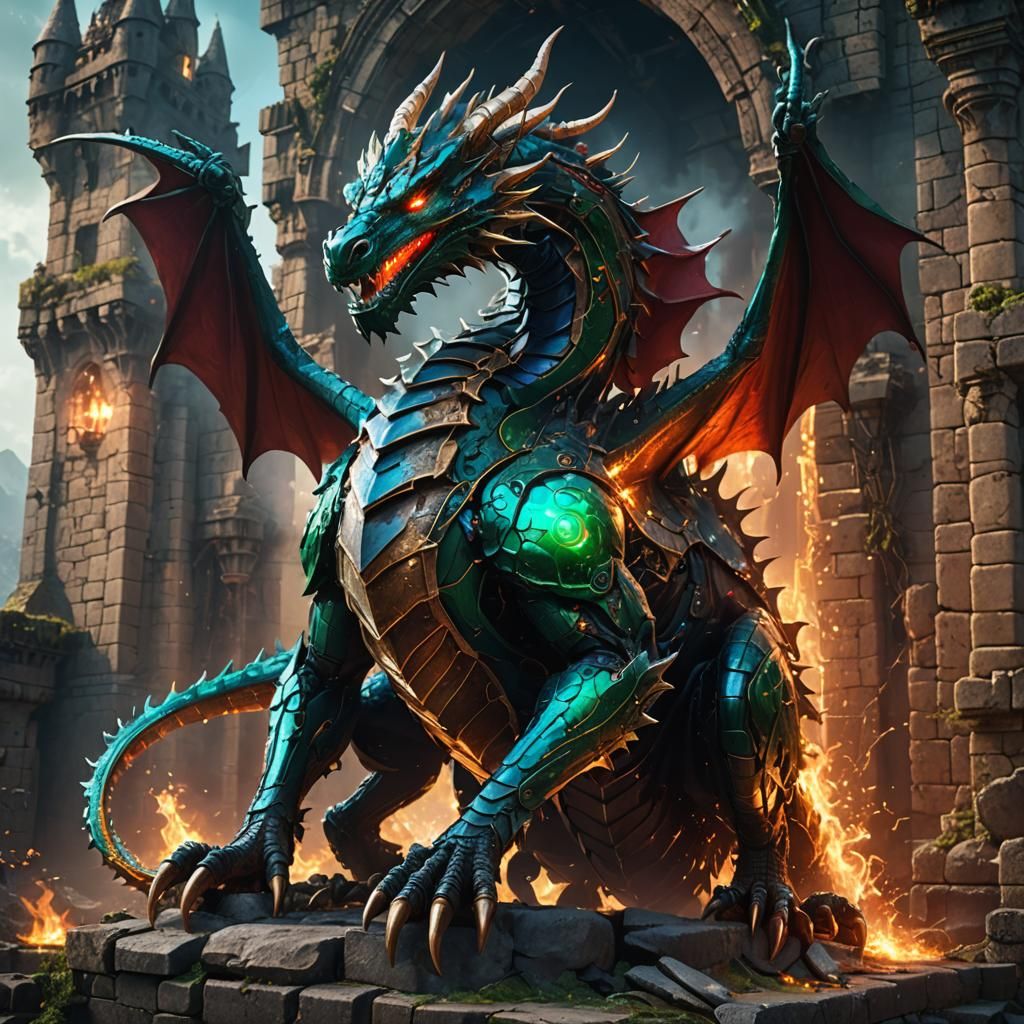 Metal Dragon Concept Art in Emerald and Crimson
