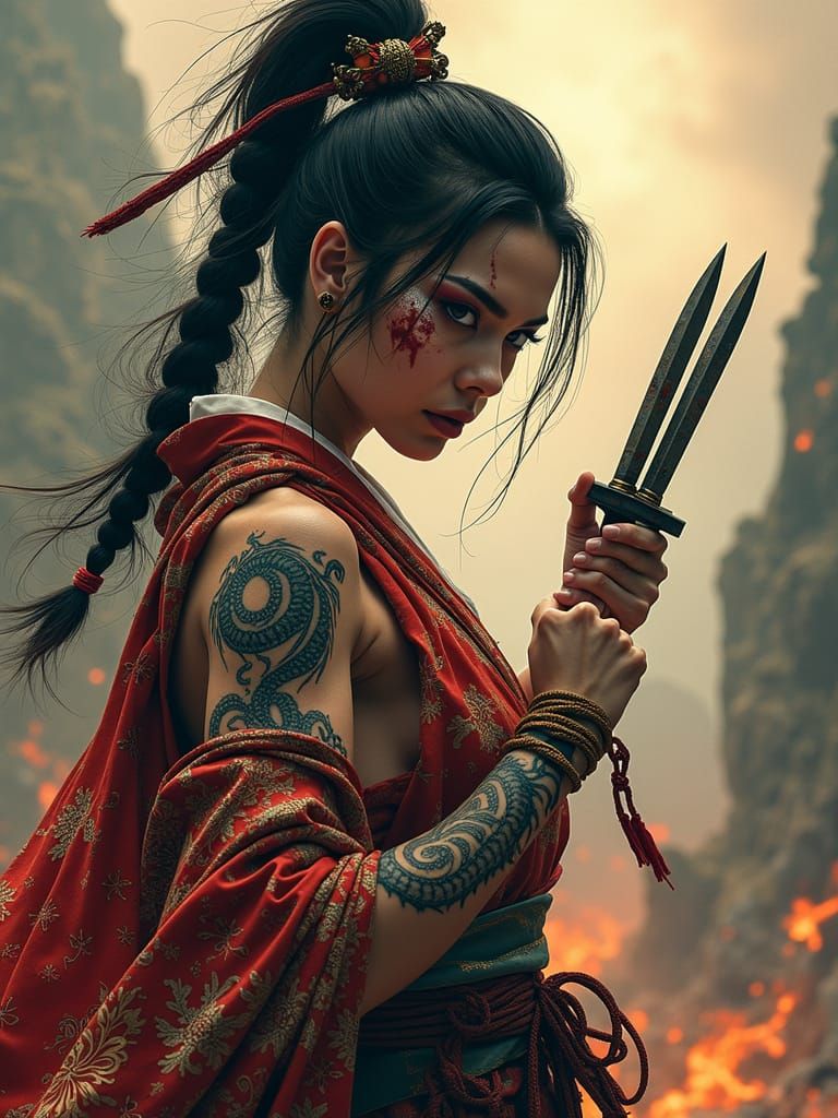 Japanese Warrior with Dragon Tattoo in Fiery Landscape