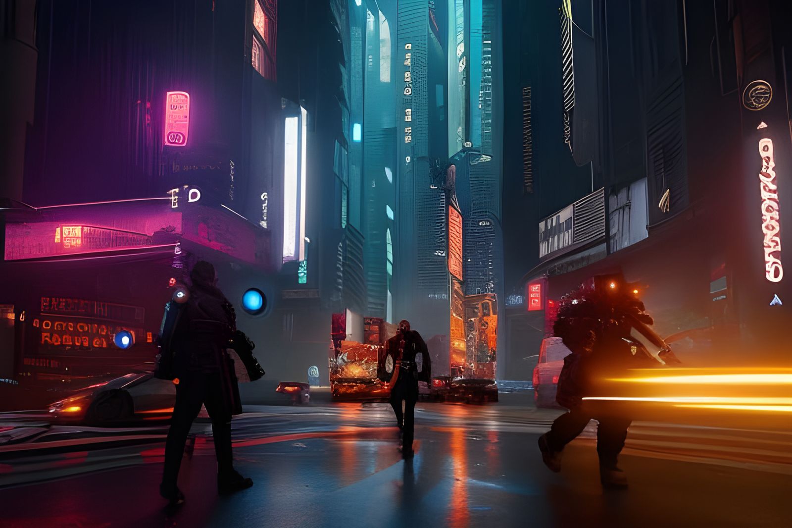 Stunning Cyberpunk Detective Squad in Neon-Lit City