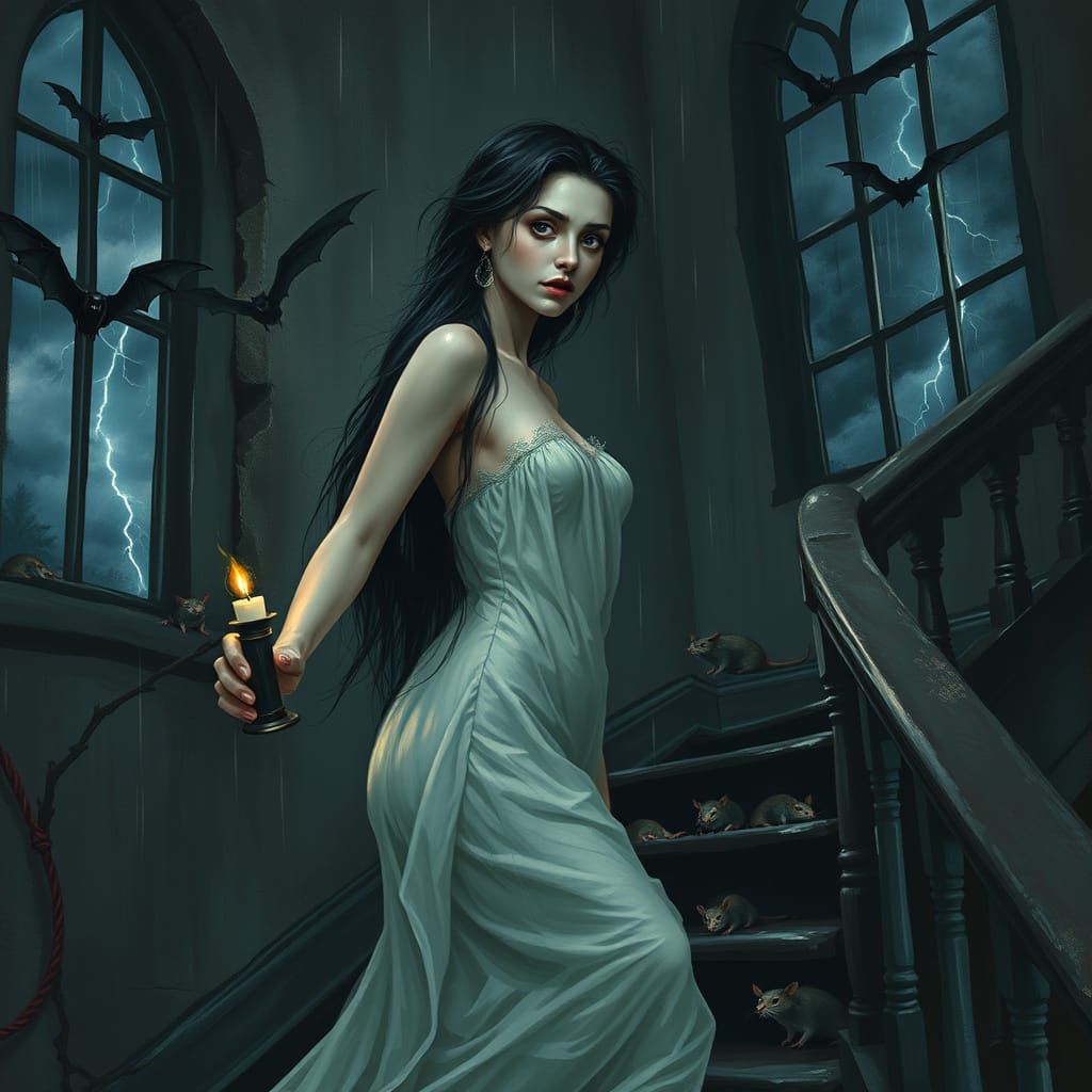 Surreal Woman Descends Dark Castle Stairs in Haunting Night ...