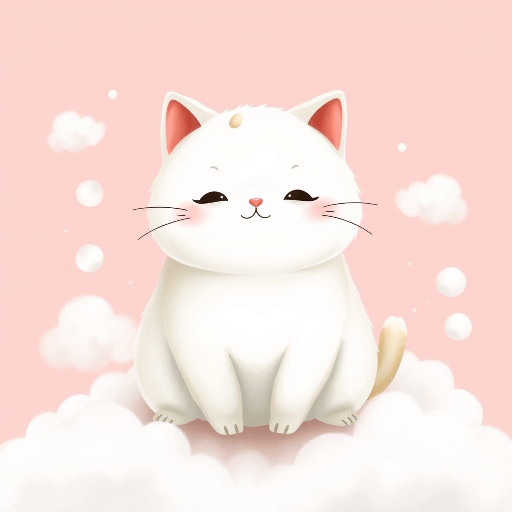 Marshmallow Cat in Dreamy Kawaii Landscape