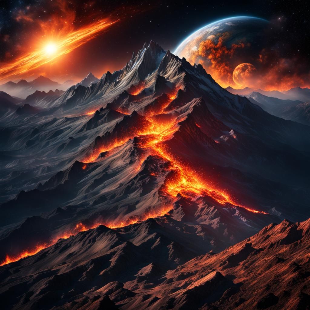 Hyperrealistic Fire Mountain Floating in Space