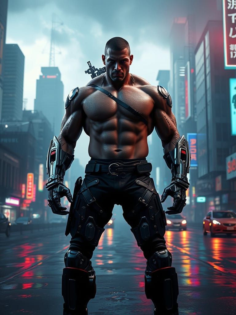 Cybernetic Warrior in Dystopian Metropolis