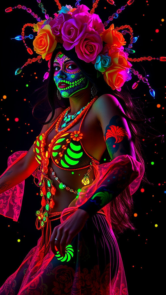 Brazilian Woman's Neon Dia de los Muertos Dance