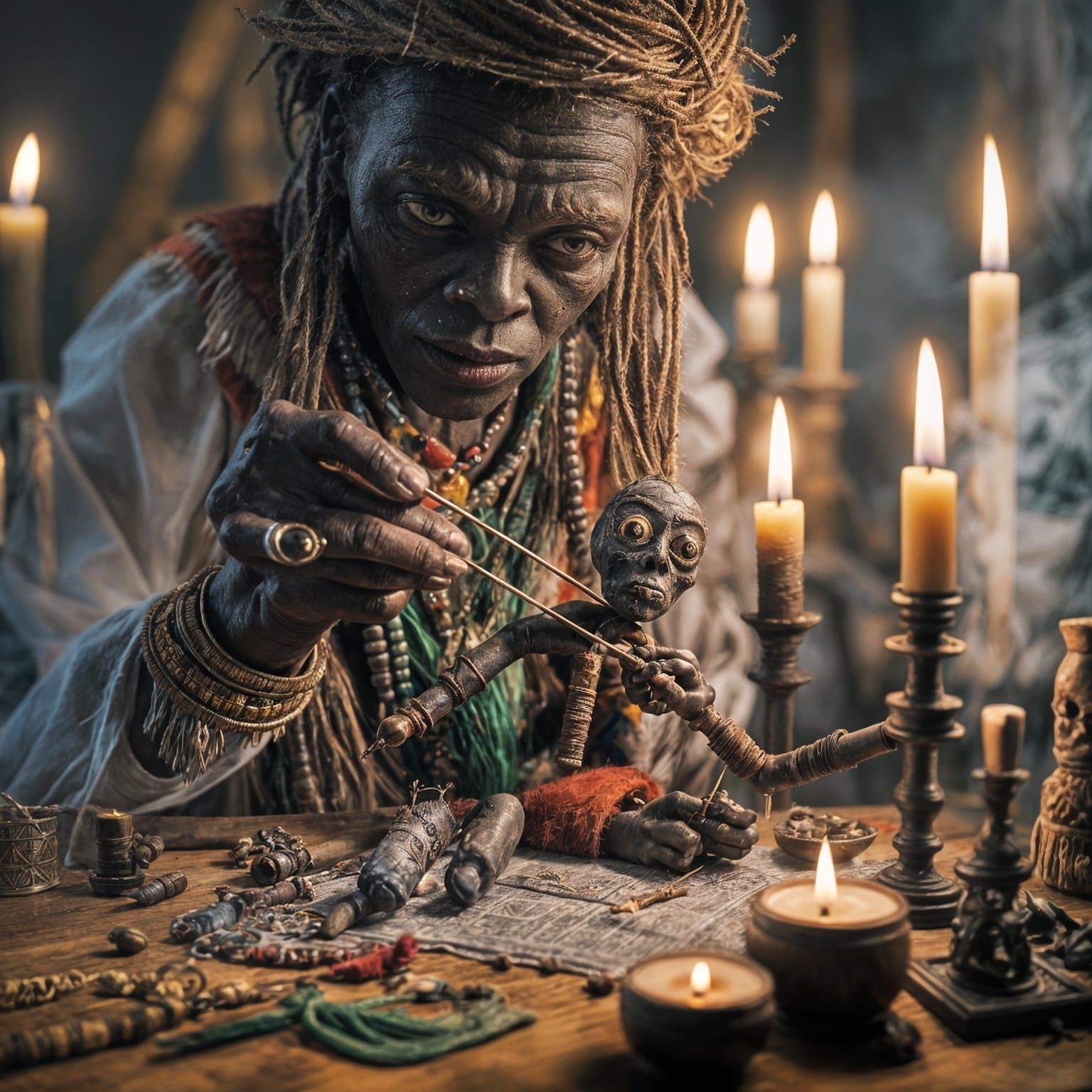 Eerie Witchdoctor Scene: Sewing a Voodoo Doll