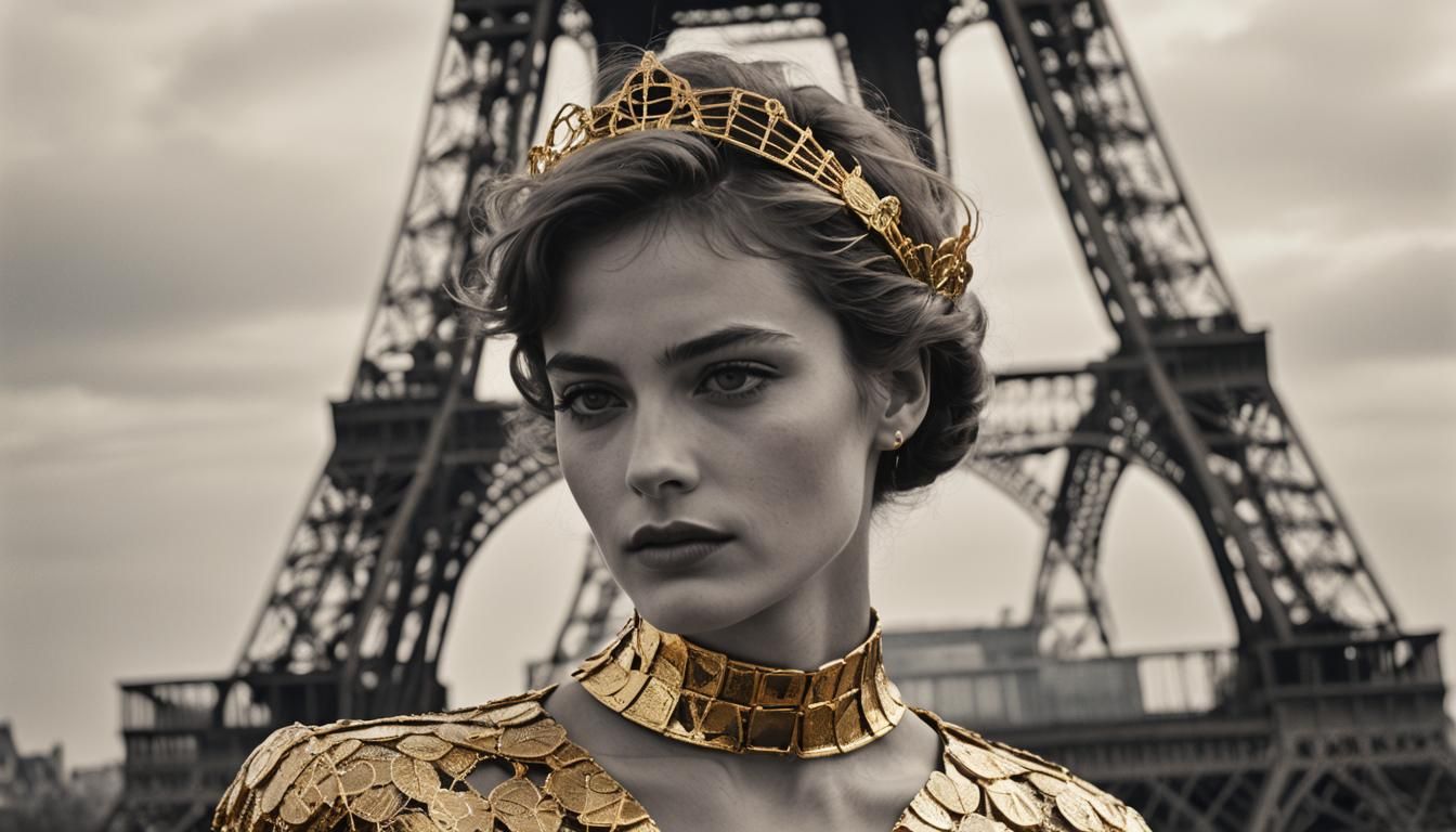 French Supermodel in Eiffel Tower Dress, Fashion Portrait