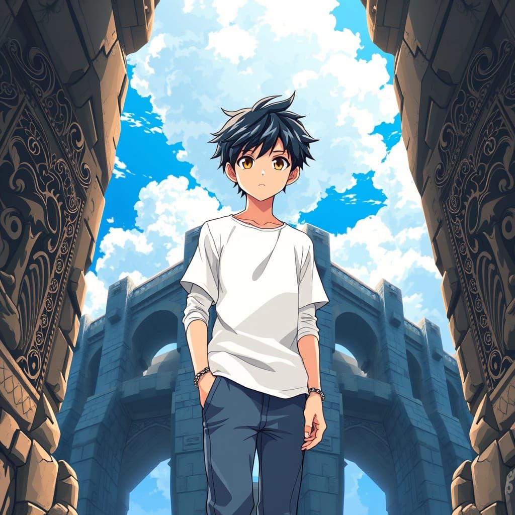 Anime-Inspired Boy on Ancient Bridge in Vibrant Blue Sky