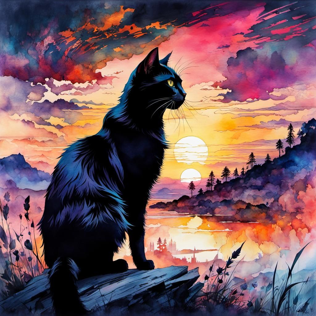 Black Cat Assassin at Sunset: Digital Watercolor Art