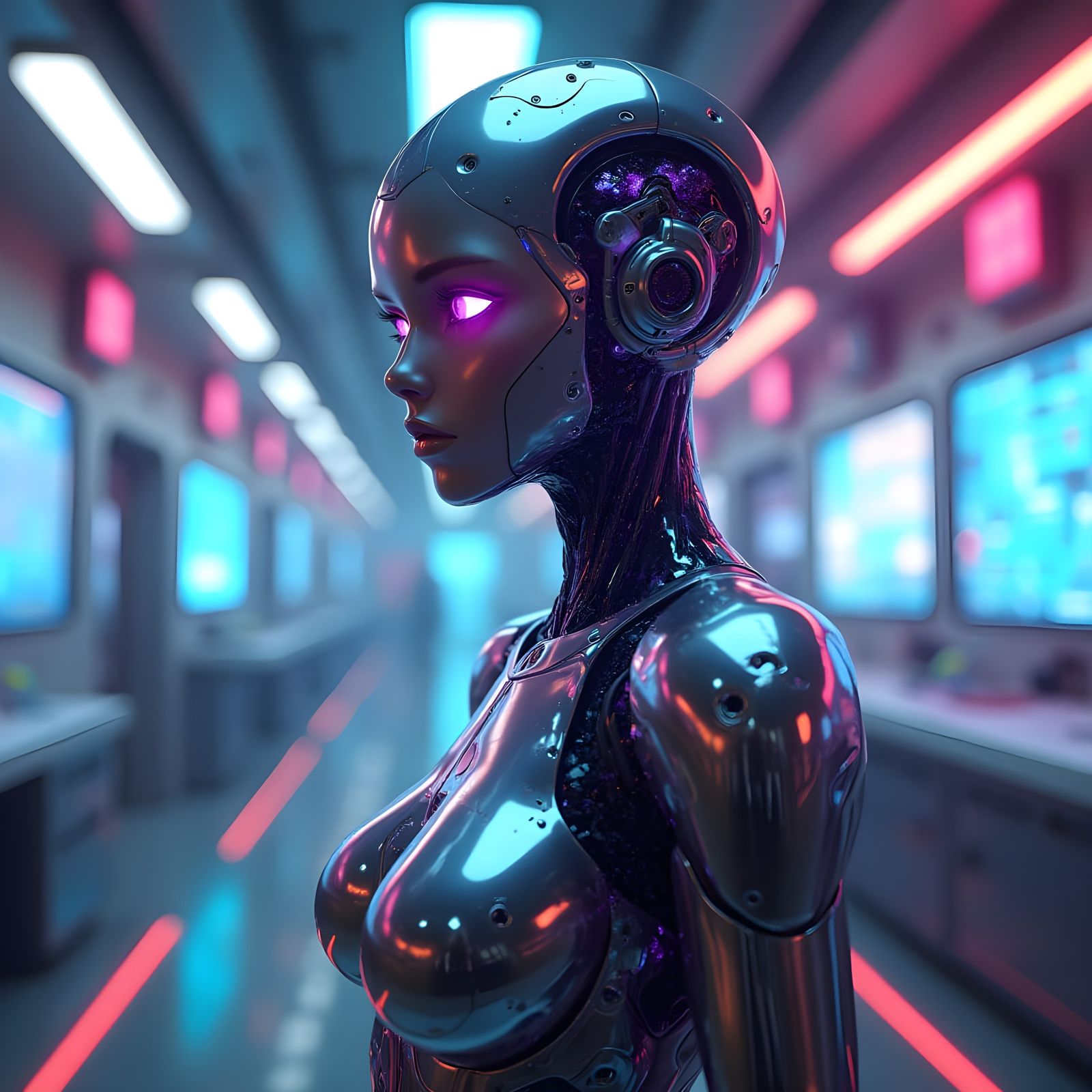 Sleek Android in Futuristic Laboratory: Splash Art