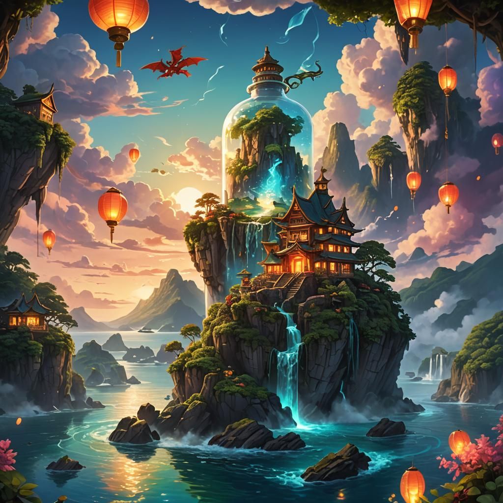 A clear bottle in the ocean, with a floating island suspended in the sky, a small village, lush greenery, waterfalls cas...