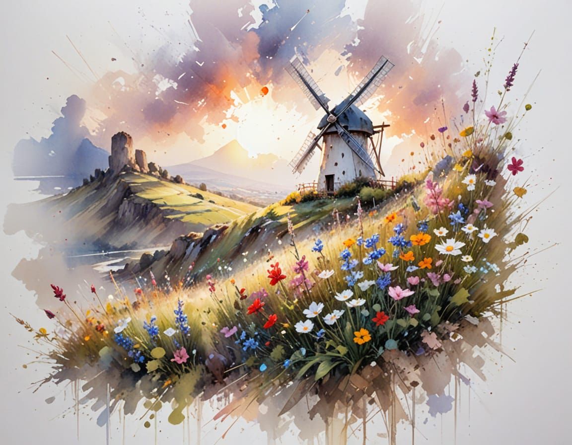 Adorable Windmill on Sunlit Hill Amidst Wildflowers