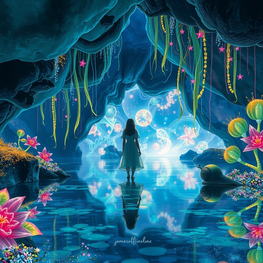 Bioluminescent Cave: Watercolor Dreamscape in Ethereal Style
