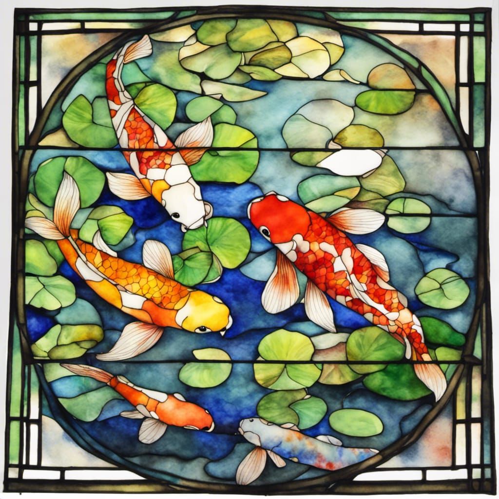 Stained Glass Watercolor Koi Pond