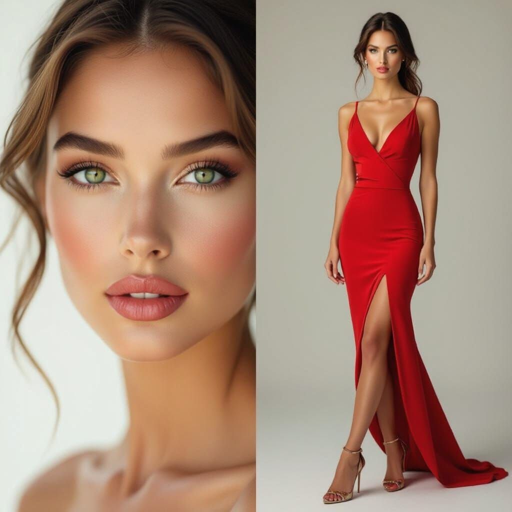 Realistic Portrait of a Beautiful Woman in Red Dress