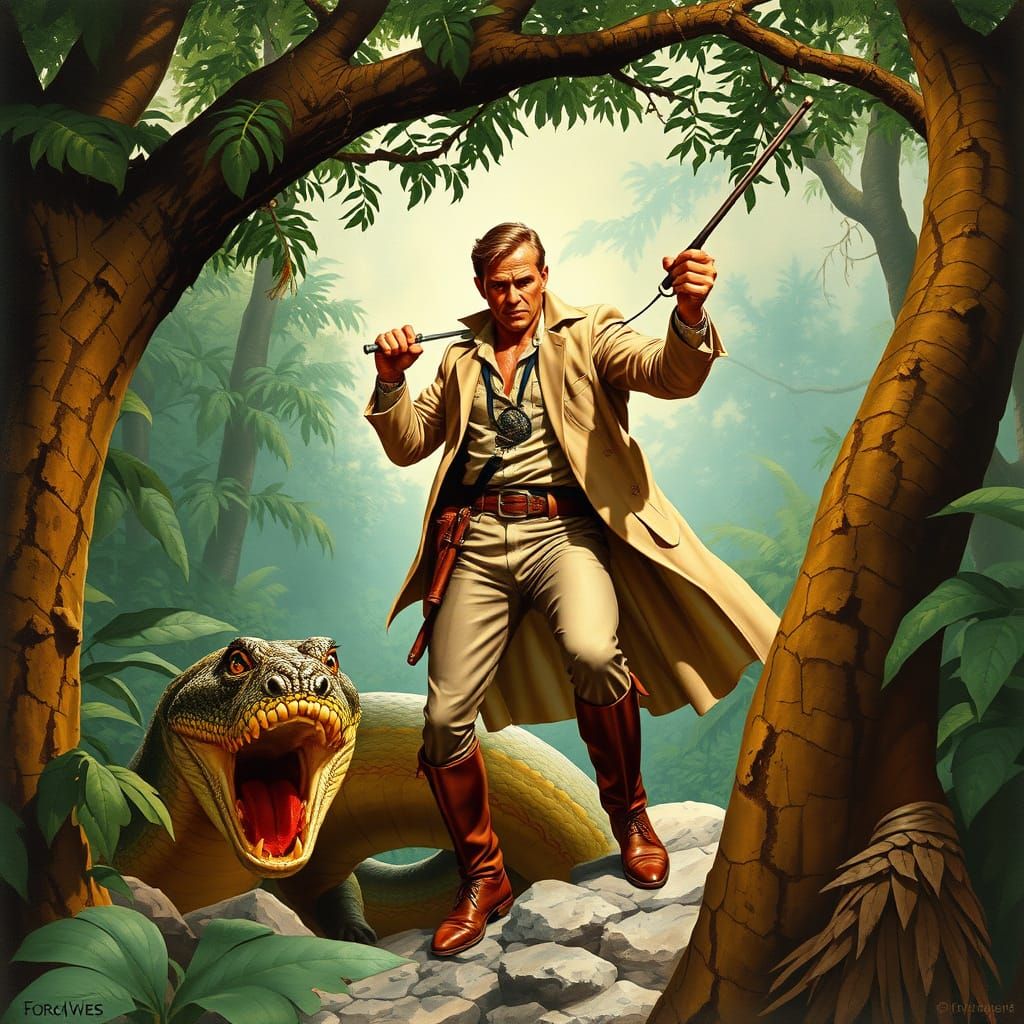 Doc Savage Battles Python in Jungle Illustration
