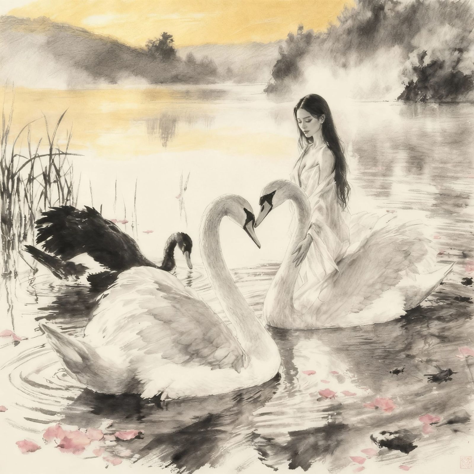 Woman and Swans by Calm Lake at Sunrise