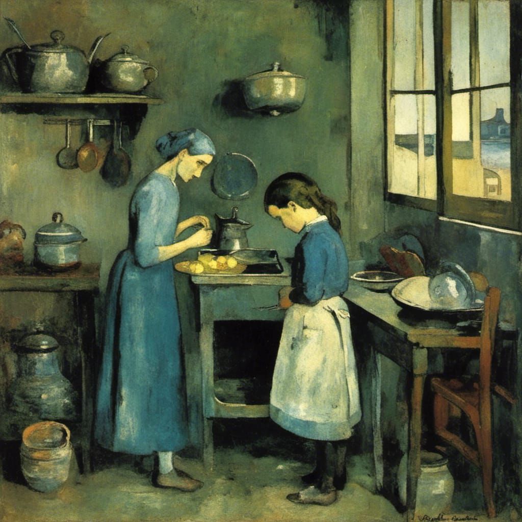 1950s Kitchen Scene in Blue Period Style