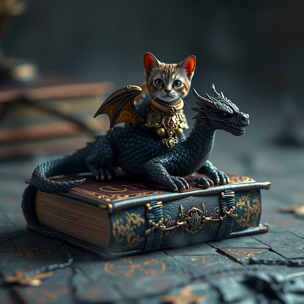 Miniature Dragon on Leather-Bound Book with Regal Cat