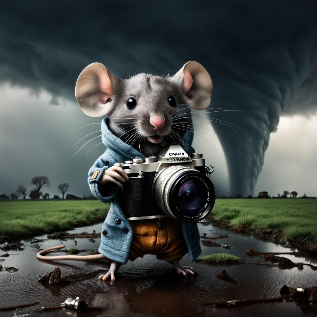 Hyperrealistic Chibi Mouse Photographer Captures Tornado