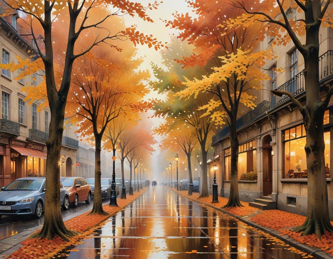 Impressionistic European City Street at Dusk